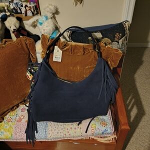 Portland Leather Alaskan Blue Suede Fringe Shoulder Bag